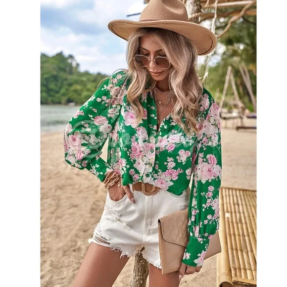 Green Button Down Shirt Long Sleeve Rose Floral Print Pink - Picture 3 of 11